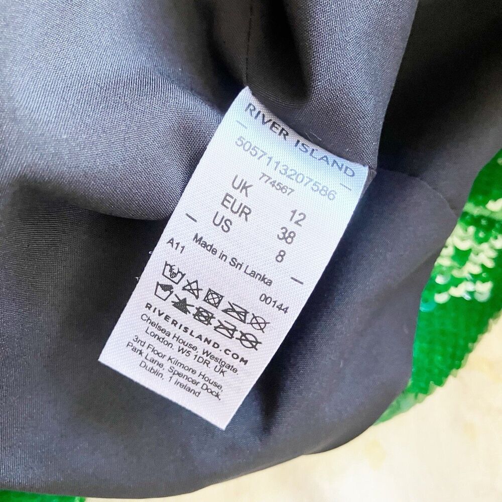 River Island Sequin Blazer Jacket US Size 8 Emerald Green Open Ruched Sleeve - Picture 3 of 7